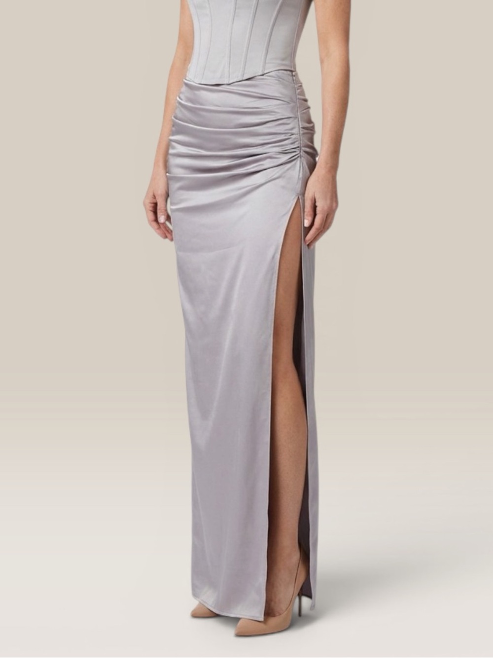 House of CB Jia Silver Pewter Satin Maxi Skirt High Slit Formal XS